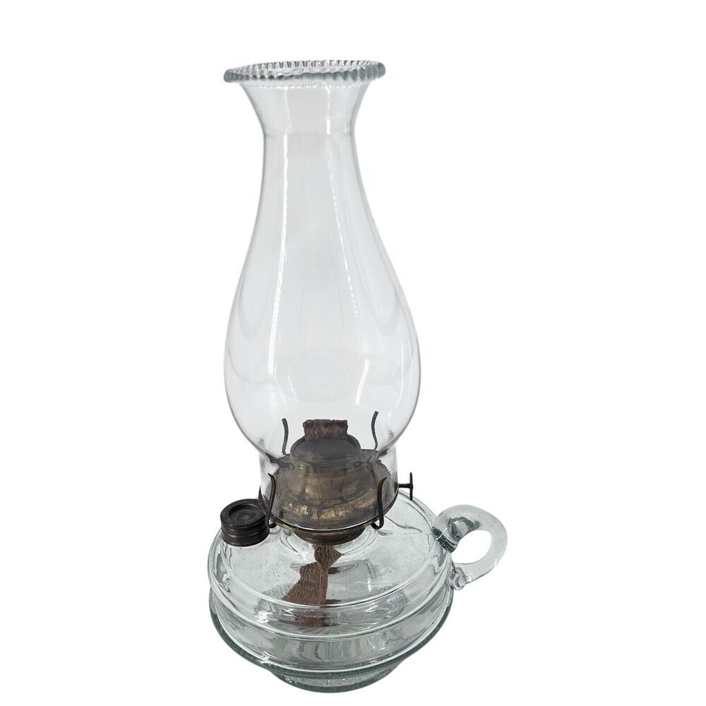 Antique Clear Glass Pedestal Chimney Style Oil Lamp 12.75" Tall